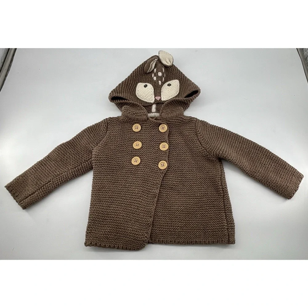 Baby Boden Brown Fox Applique Hooded Cotton Blend‎ Knit Sweater-6-12 Months